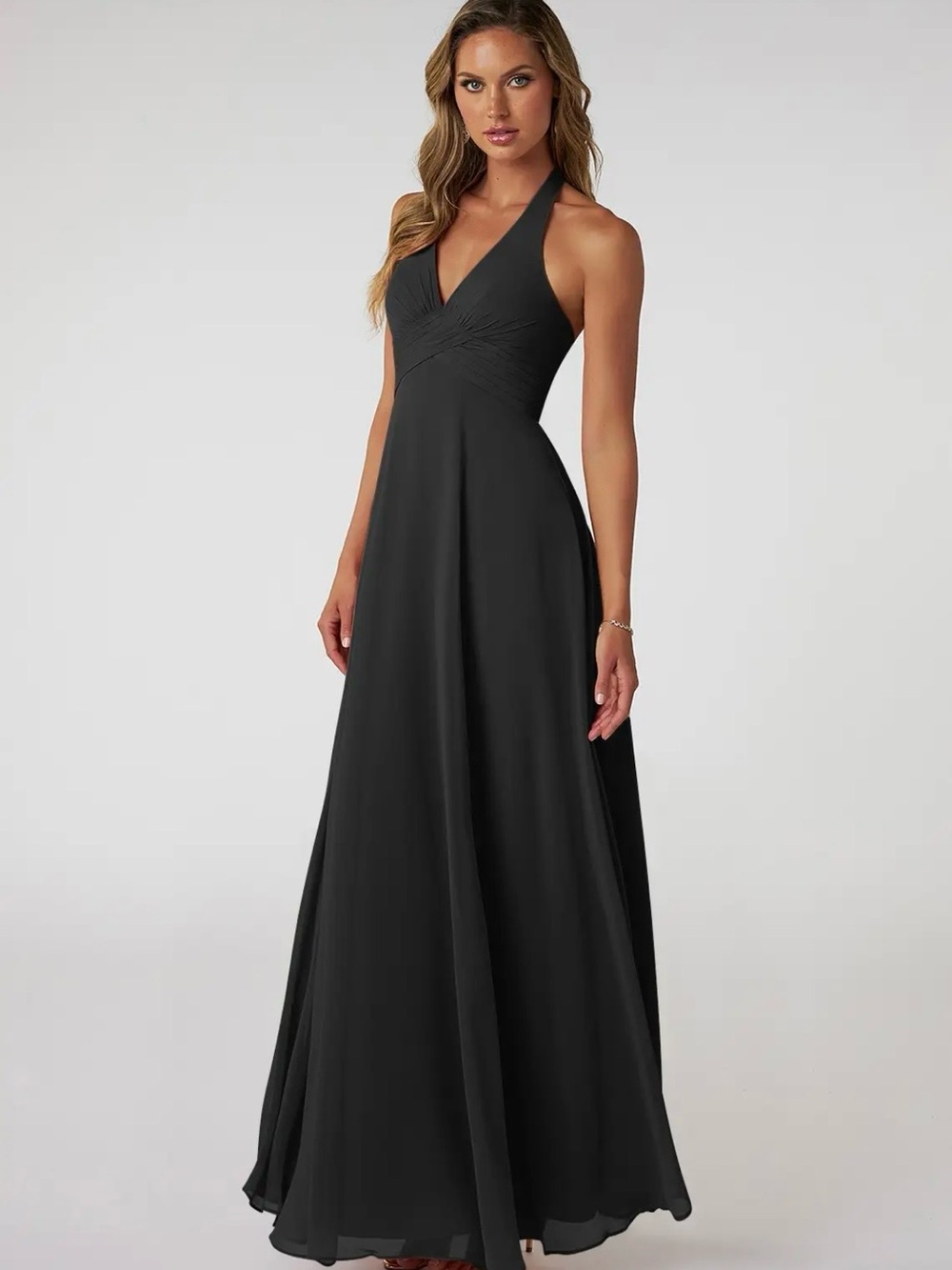 Azazie Black Tessie Halter V-Back A-Line Chiffon Dress - Picture 2 of 10
